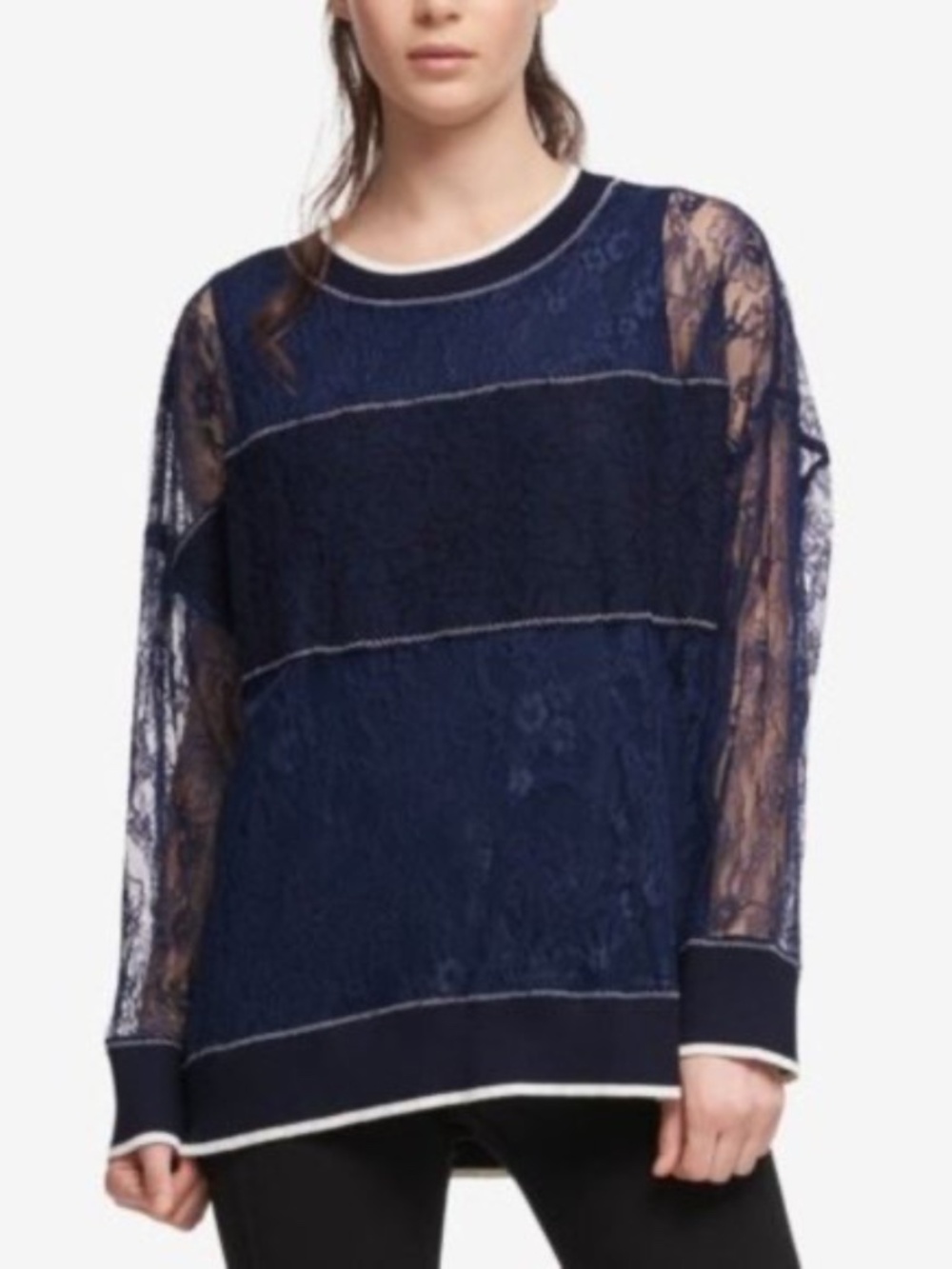 DKNY Navy Blue Lace Long Sleeve Layered Tank Pullover Top Size XL